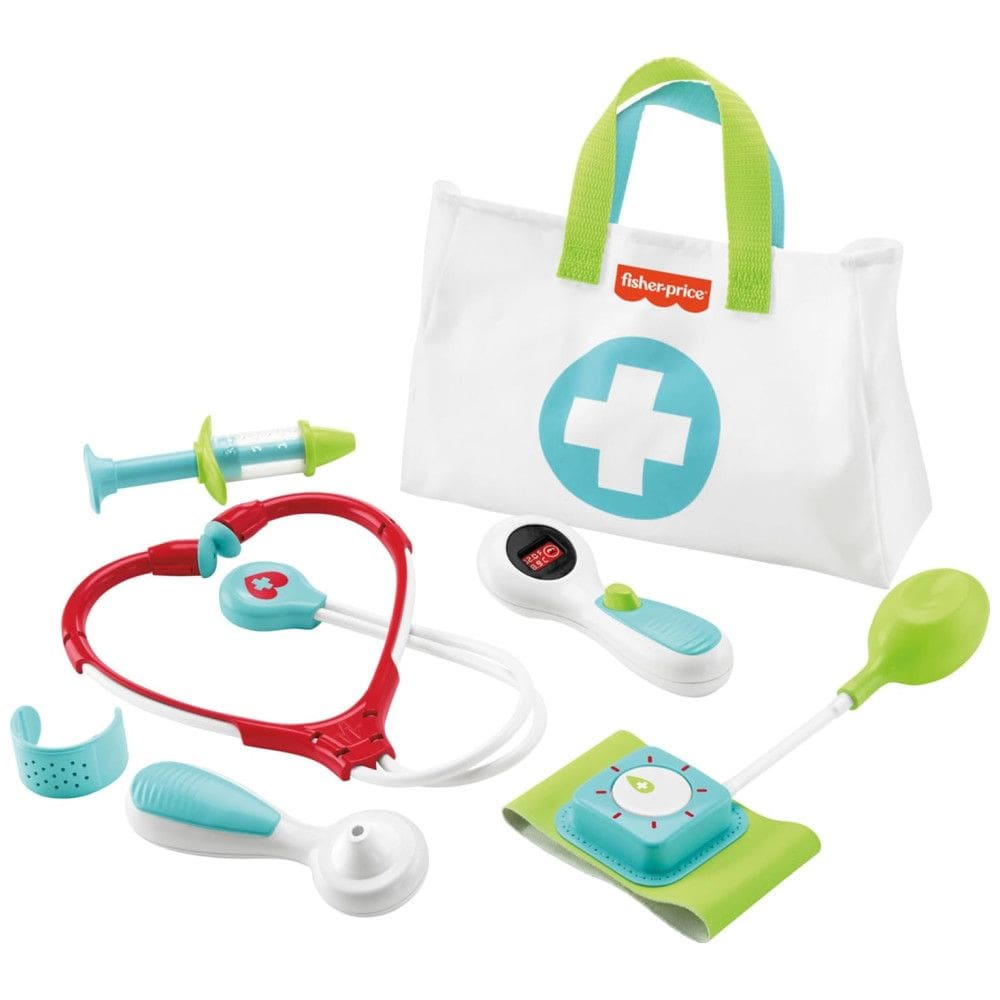 Kit Médico Fisher-Price com 7 peças para brincar de médico. Ideal para crianças a partir de 3 anos. Inclui bolsa e acessórios em tamanho