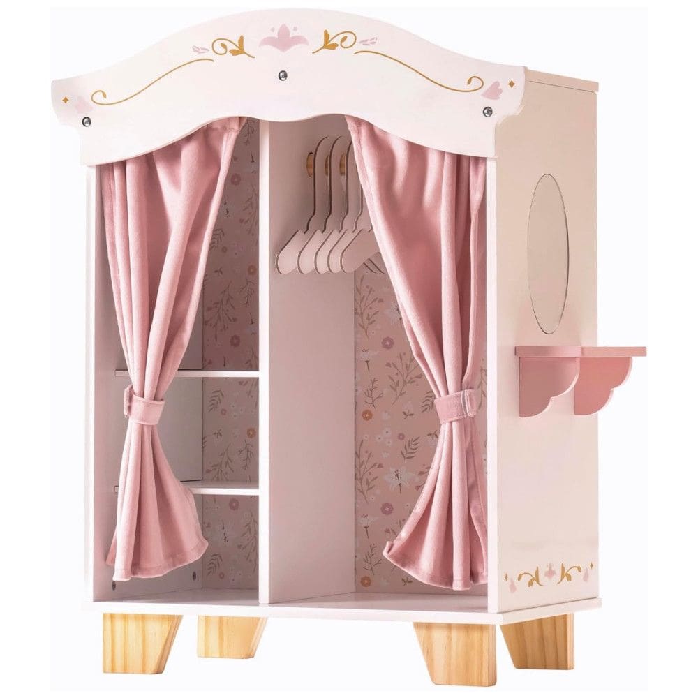 Guarda-Roupas de Madeira ROBUD para Bonecas, Móveis de Closet com 5 Cabides, Espelho, Cortinas de Veludo, Para Roupas de Bonecas