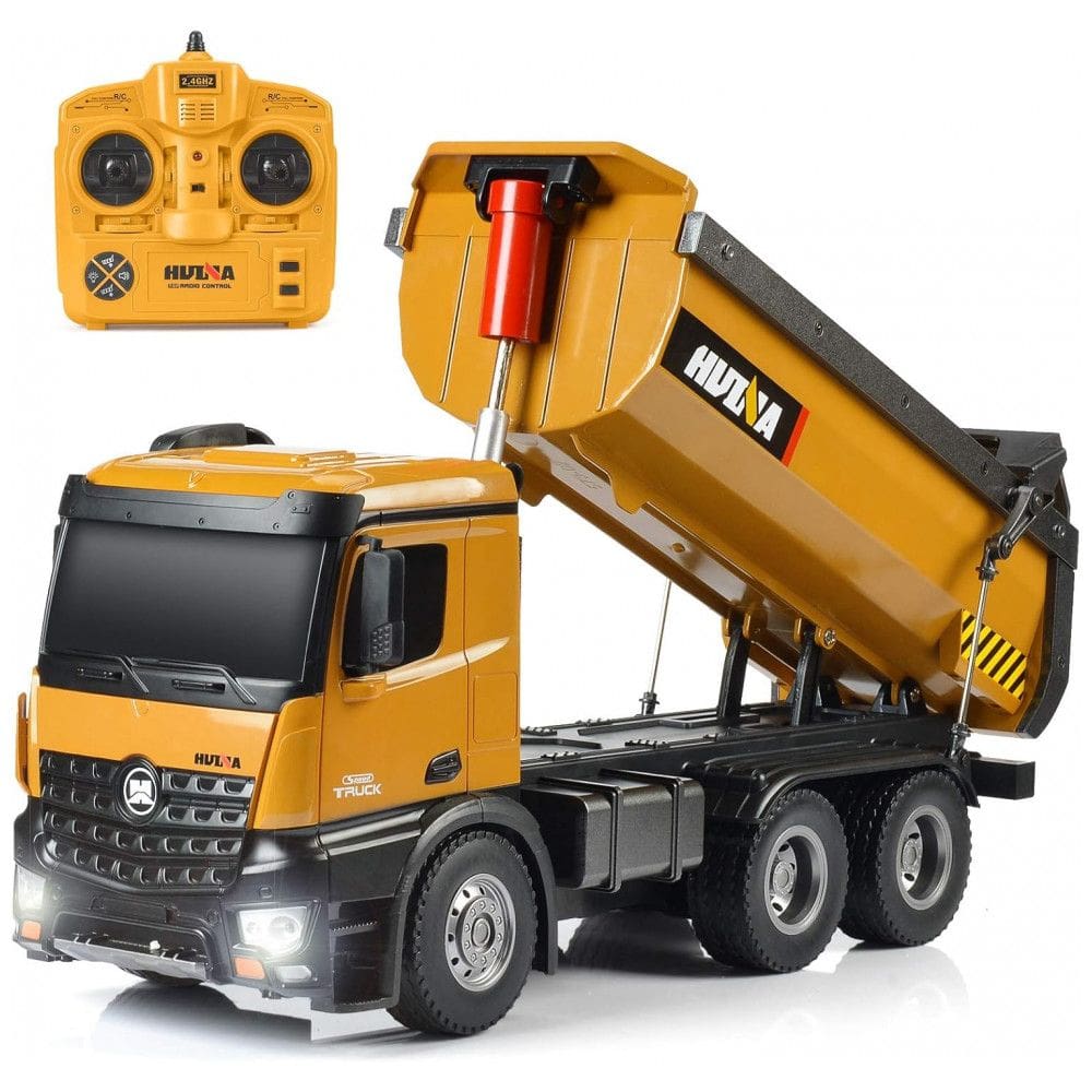 Caminhão Basculante de Controle Remoto em Escala 1:14 - Veículo de Construção Metálico Resistente com Capacidade para 7 Kg - KidsFaves