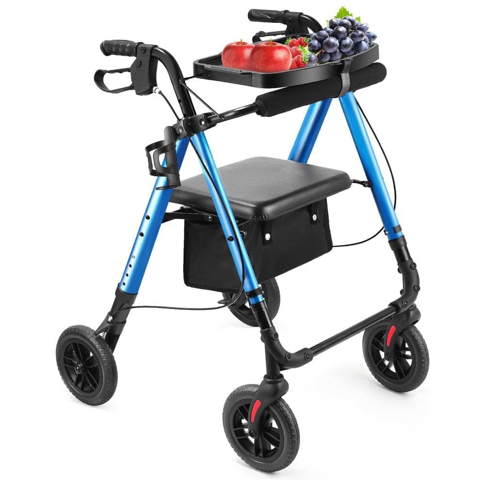 Andador Amblisss com Assento e Bandeja, Suporta 136 kg, Rodas de 20 cm, Altura Regulável, Dobrável com Cesto, Freio nas Manoplas