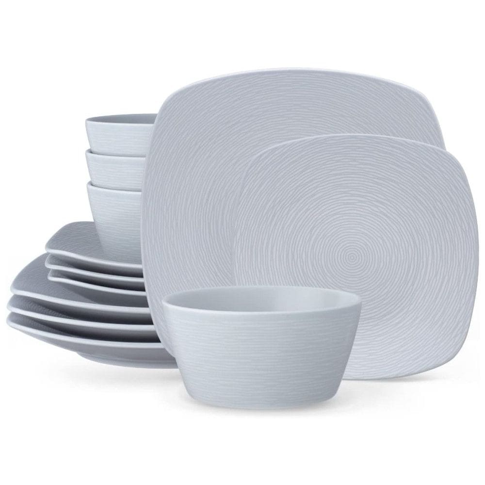 Aparelho de Jantar para Todas as Ocasiões com 12 Peças, Formato Quadrado e Material de Porcelana, Noritake 4390-12J, Cinza