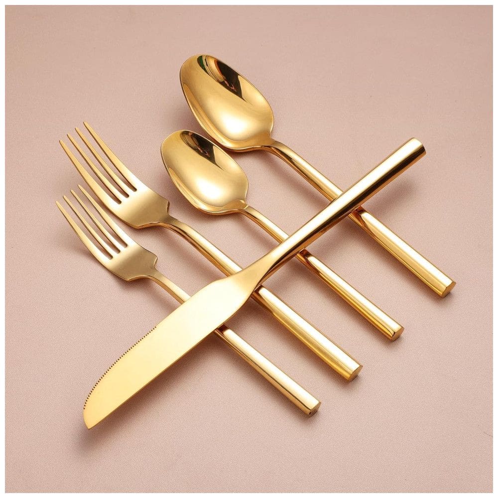 Conjunto de Talheres de Aço Inoxidável Dourado com Cabo Hexagonal 20 Peças - Presente de Casamento e Chá de Casa Nova - Zerophilo