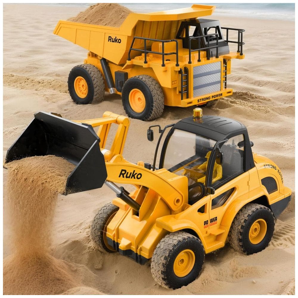 Conjunto de Brinquedos de Construção Ruko 1560, Caminhão Basculante e Pá Carregadeira Controlados por Controle Remoto, Veículos RC de 9