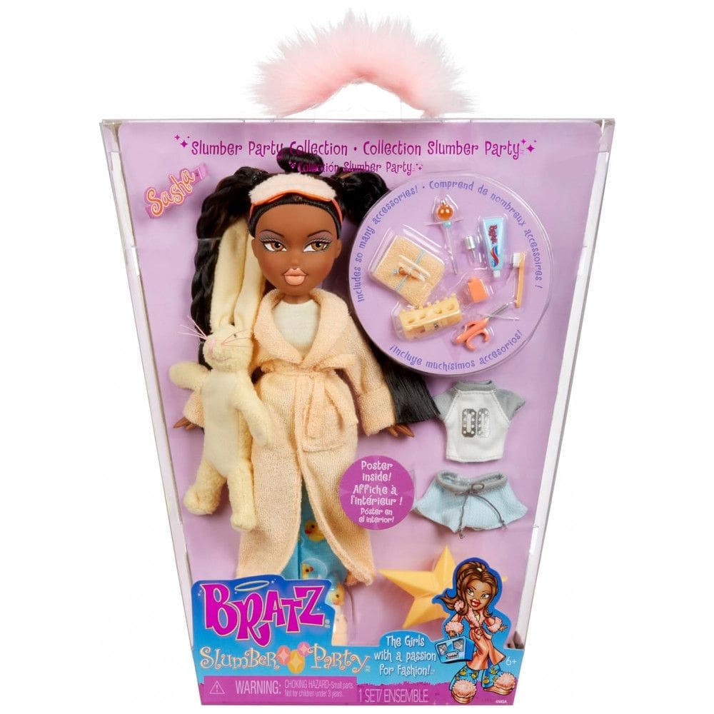 Boneca de Moda Bratz Slumber Party Sasha com 2 Conjuntos de Pijamas, Pelúcia e Acessórios