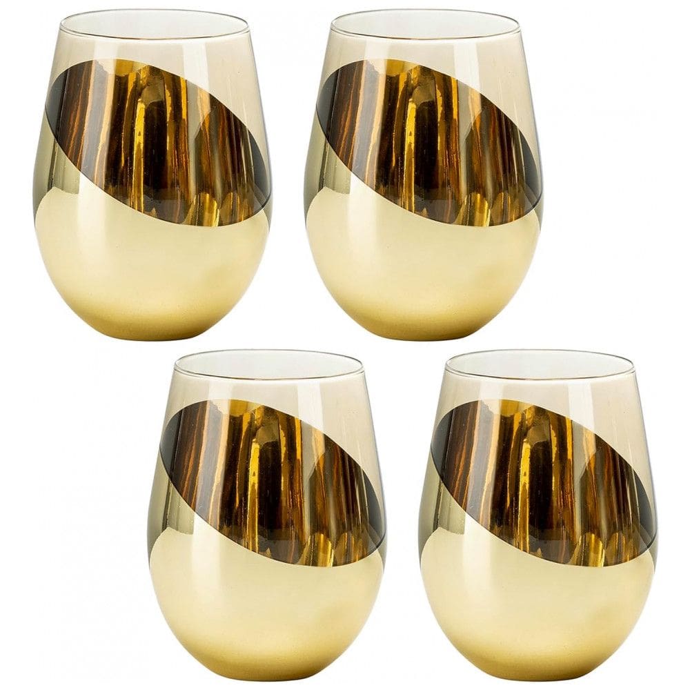 Jogo com 4 Taças de Vinho Sem Haste Âmbar Vintage com Detalhes em Latão Inclinado, Copos de Bebida de Coquetel de Vidro Translúcido Âmbar