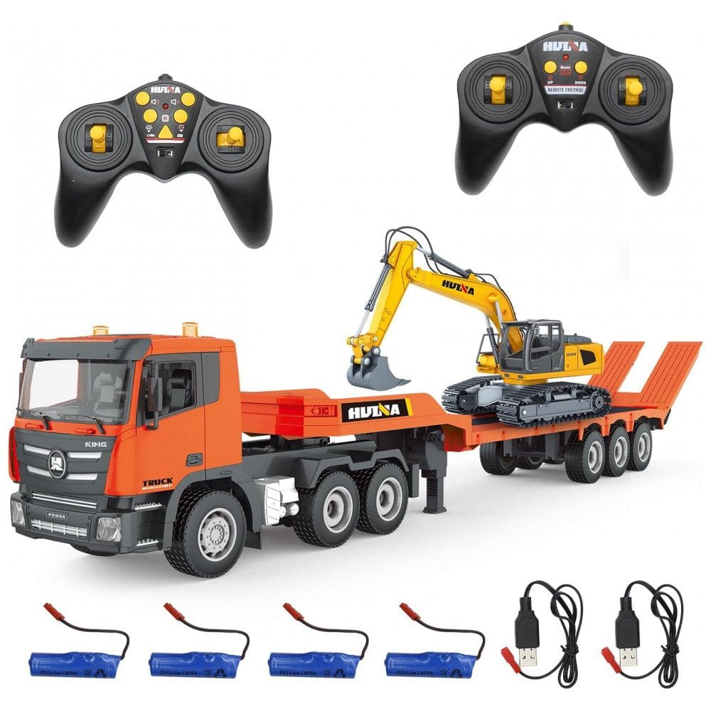 Brinquedo Conjunto Caminhão Semi Truck Escavadeira RC da Fistone, Controle Remoto 2.4Ghz Caminhão Prancha com Brinquedo Escavadeira