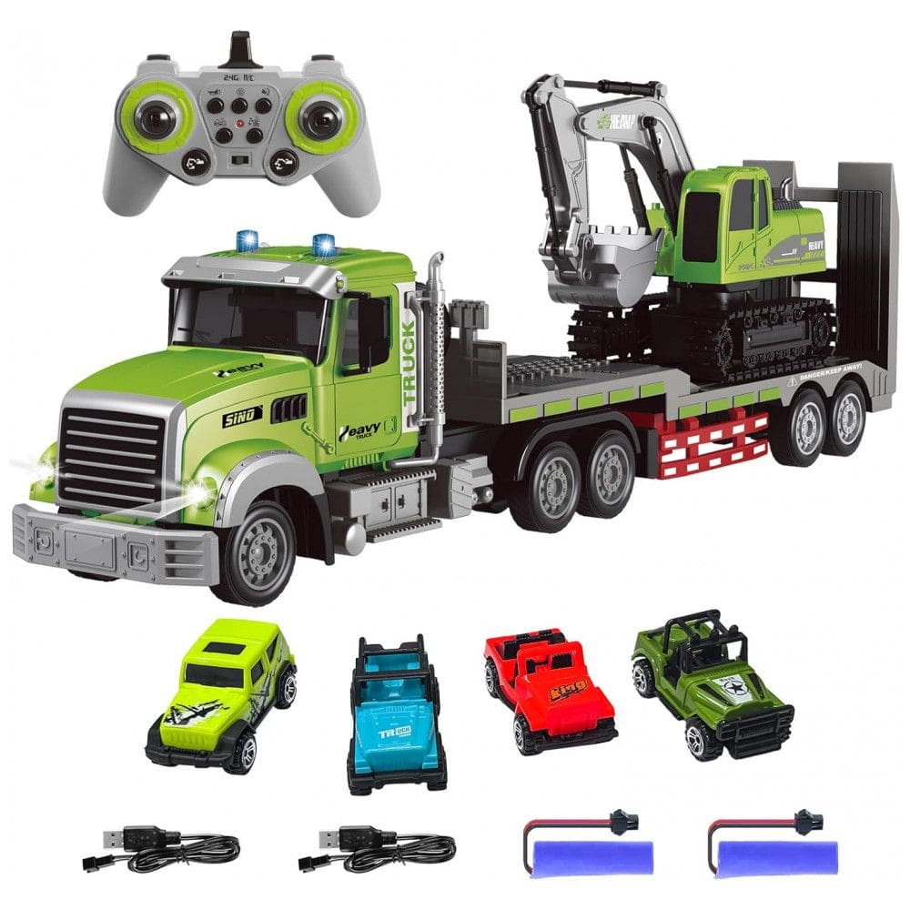 Conjunto de Brinquedos Caminhão Reboque e Escavadeira RC da Fistone, Escala 1:12 com Som e Luzes, Controle Remoto 2.4Ghz,