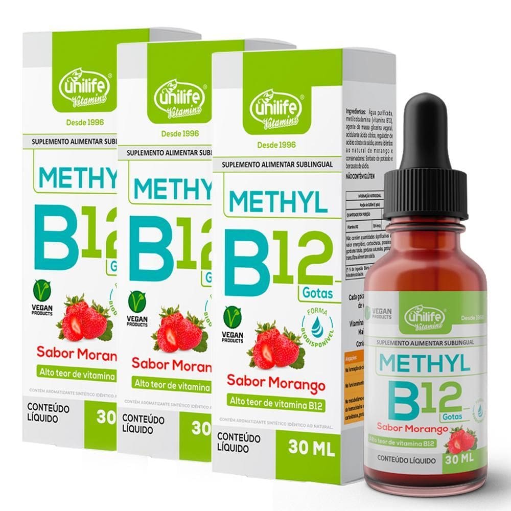 Kit 3 Vitamina B12 Methyl Em Gotas Unilife Morango 30 Ml