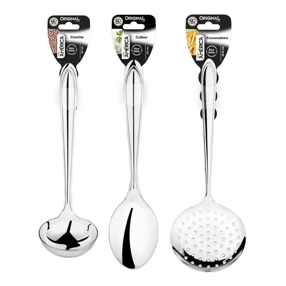 Kit Concha Escumadeira Colher De Arroz Inox Para Cozinha
