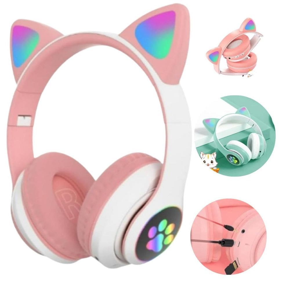 Fone De Ouvido Gatinho Rosa - Gamer Sem Fio  Com Luz Led