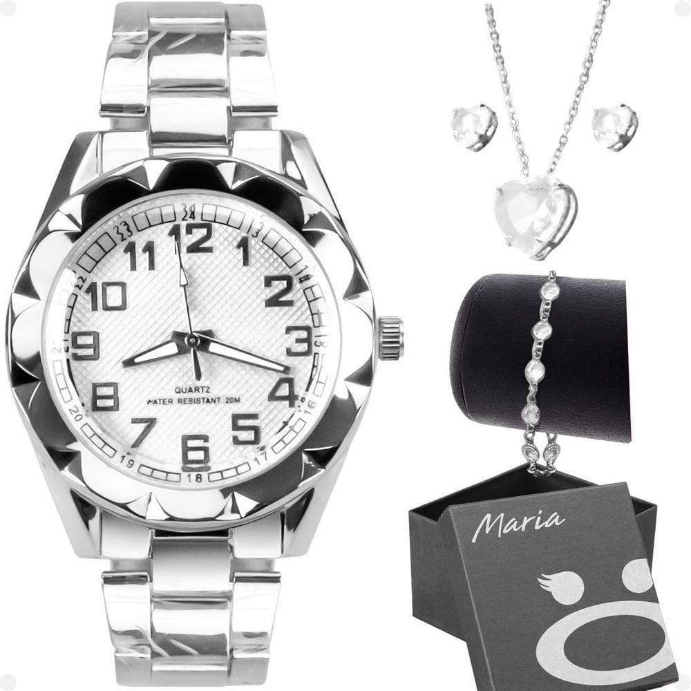 Relogio Feminino Prova Dagua Prata + Colar + Pulseira