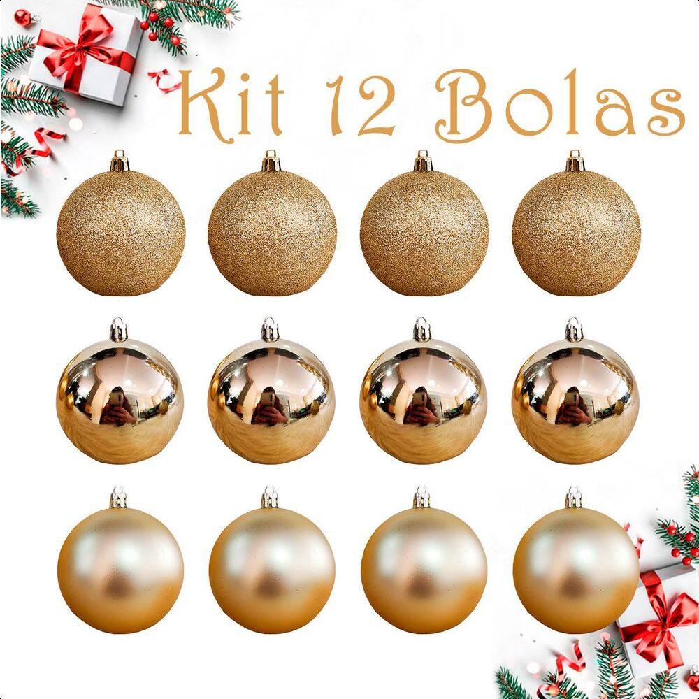 Bola De Natal 12 Un Grande 8Cm Mista Glitter - Dourado Liso