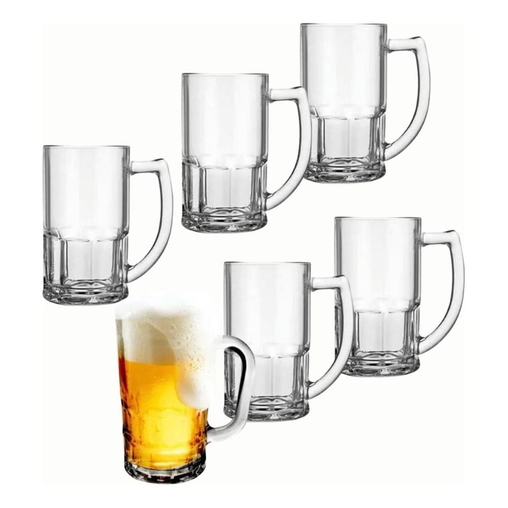 Jogo De 6 Canecas Chopp Vidro Copos Cerveja Festa 340Ml