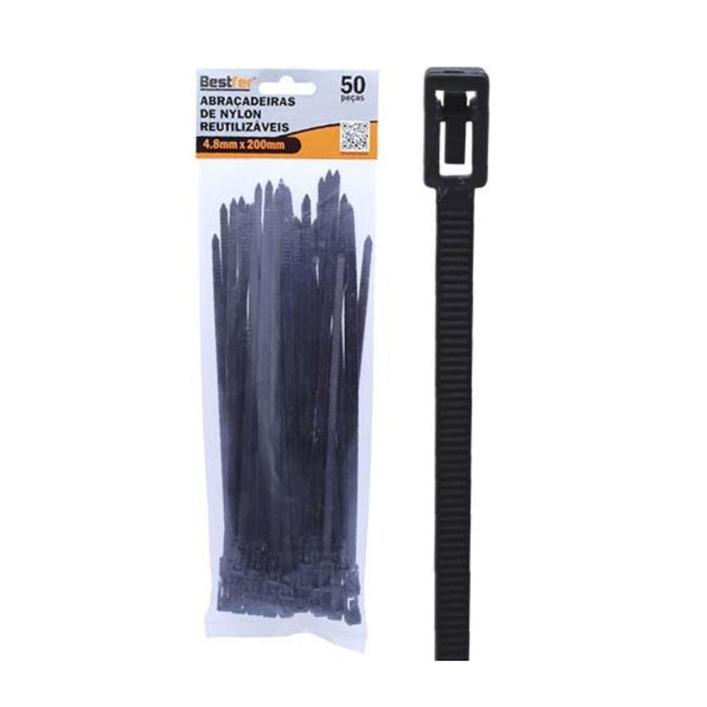 Abraçadeira Nylon Reutilizável 50Pcs Preta 4.8Mmx200Mm
