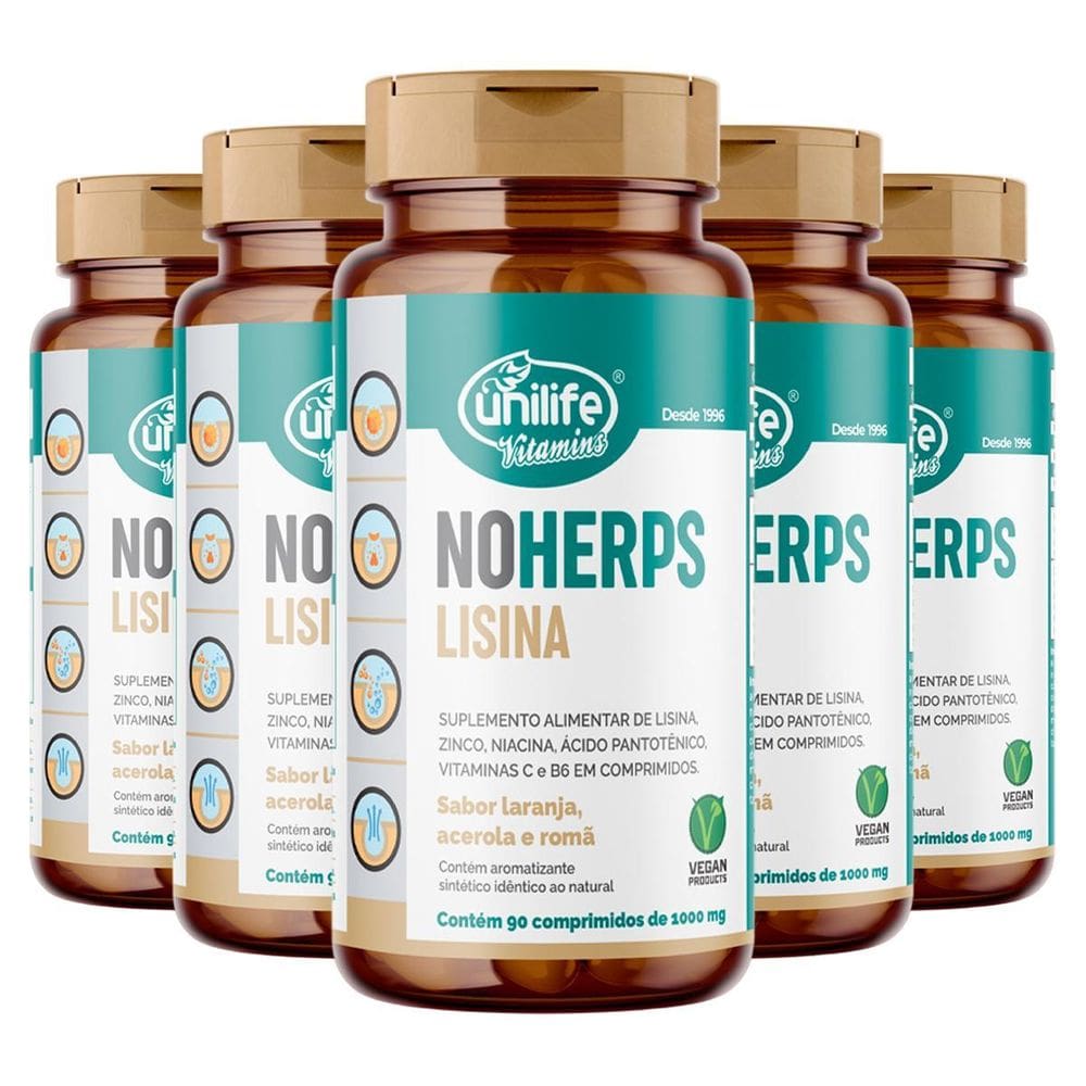 Kit 5 Noherps Lisina 1000Mg Unilife 90 Comp Laranja Acerola