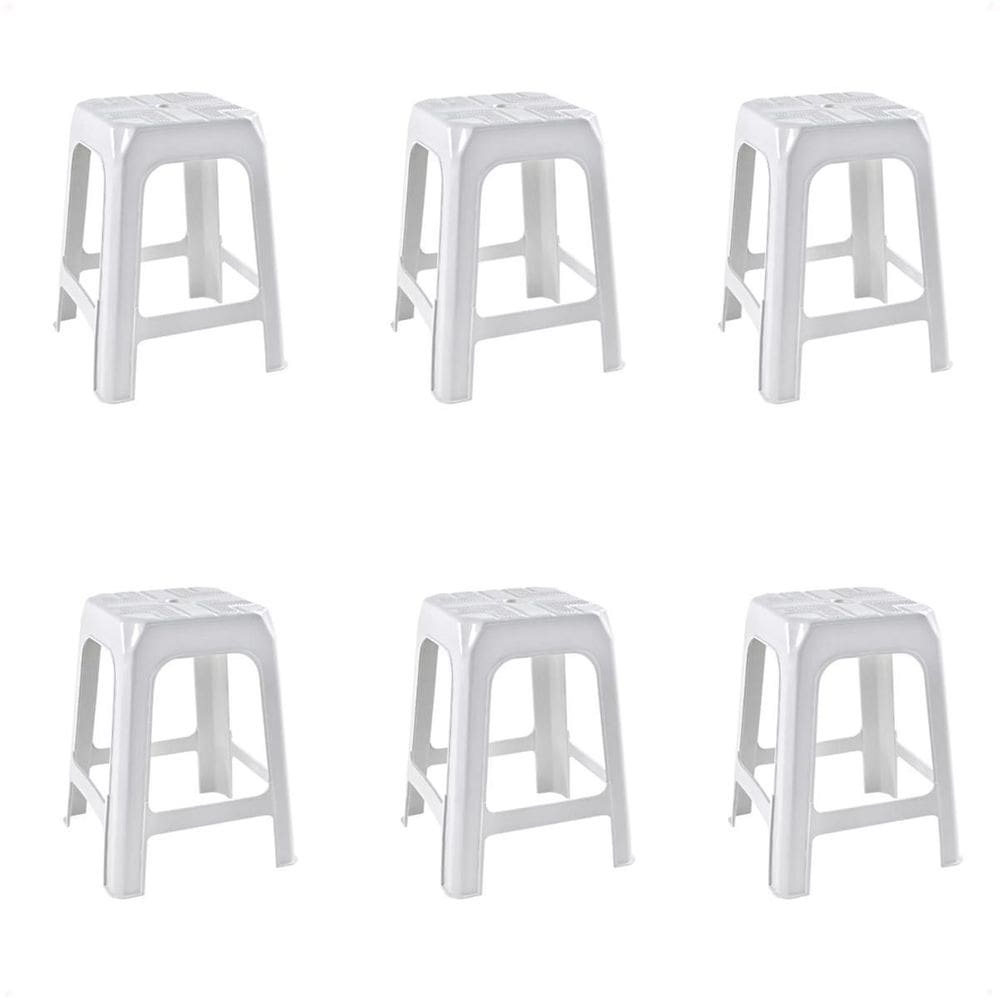 6 Banquetas Banco Plástico Resistente Branco Empilhável 46Cm