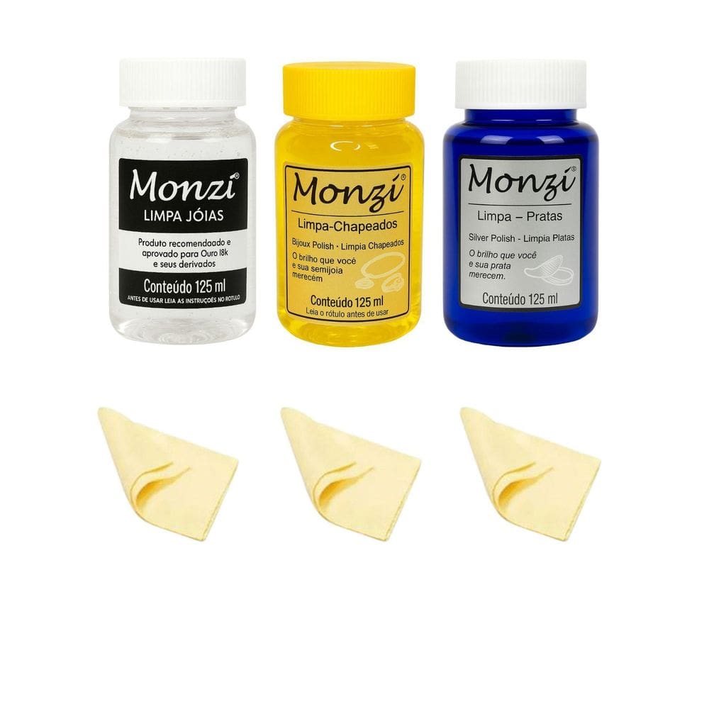 Kit Completo 3 Monzi 125Ml Limpa Chapeados Prata Ouro + 3