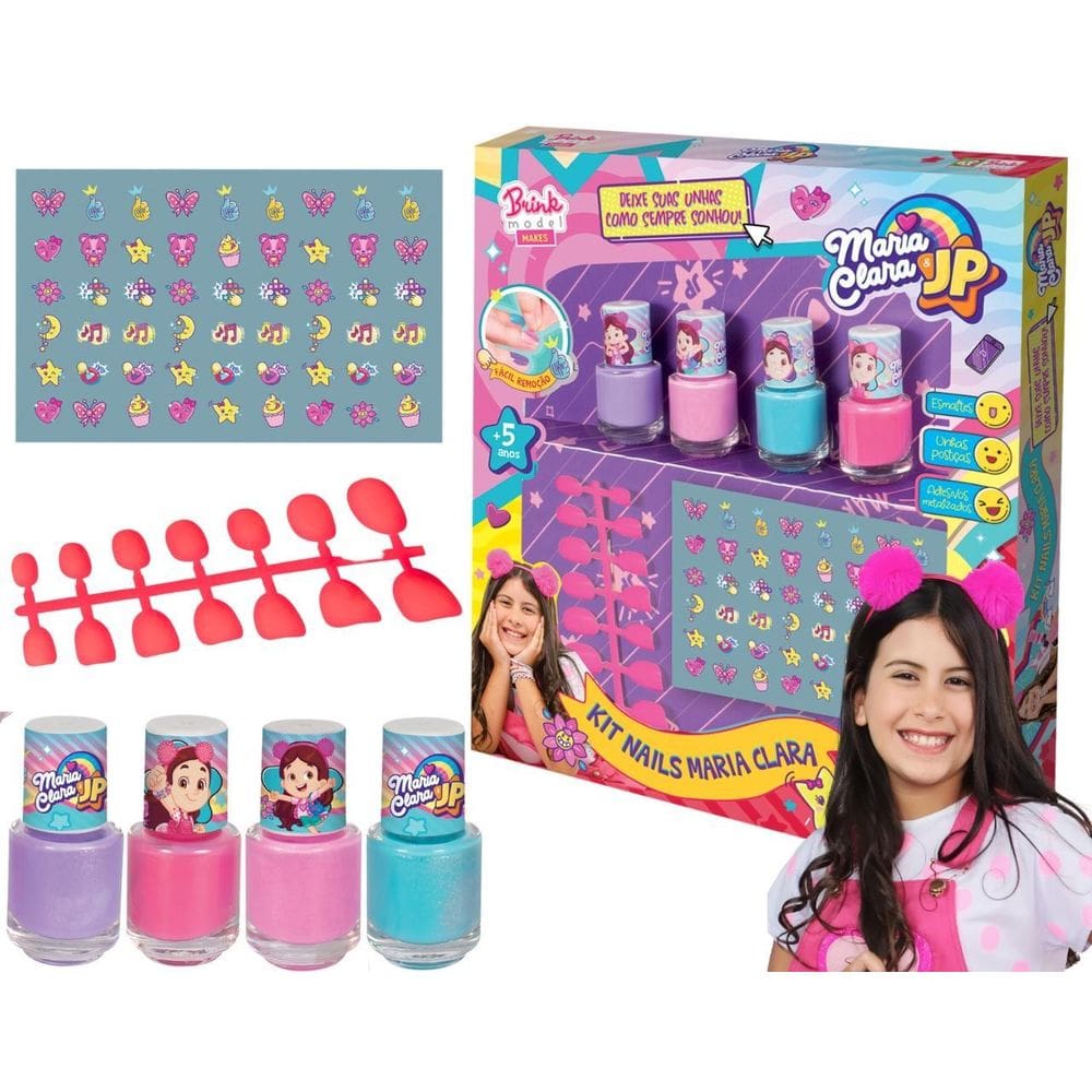 Kit Esmalte Infantil Unha Postiça E Adesivos Maria Clara Jp