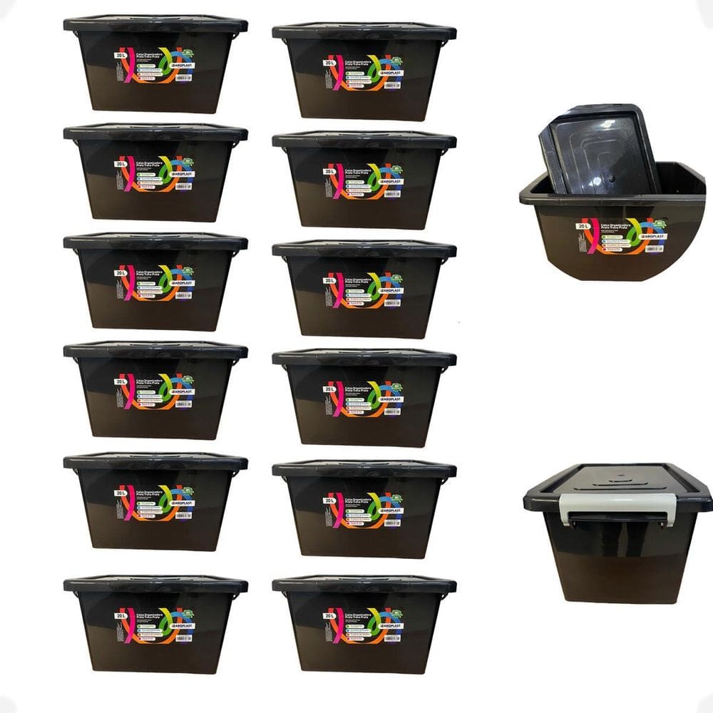 12 Caixa Organizadora Multiuso Preta Com Trava Prata 20 Lts