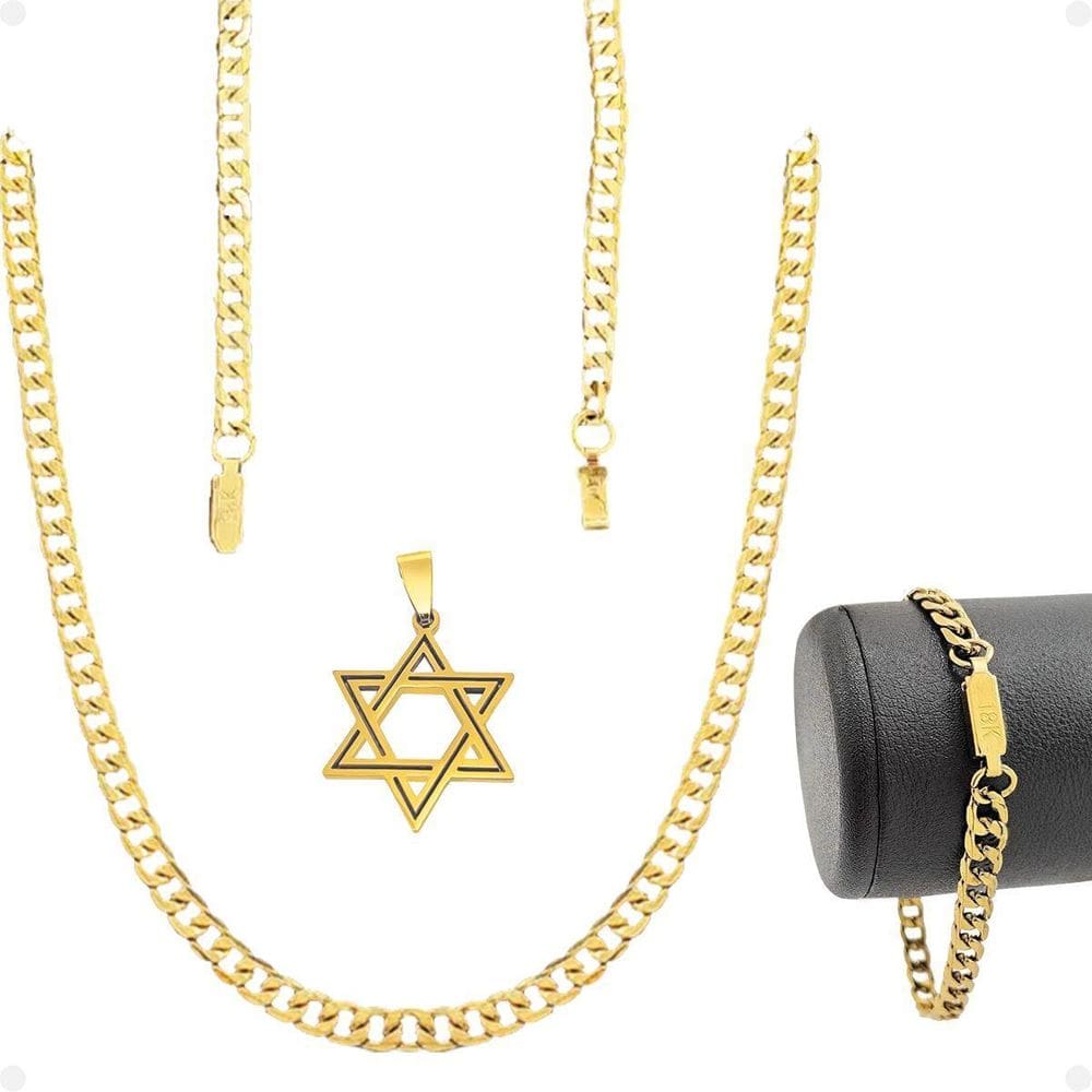 Corrente Masculina Banhada A Ouro + Pingente Estrela Davi +