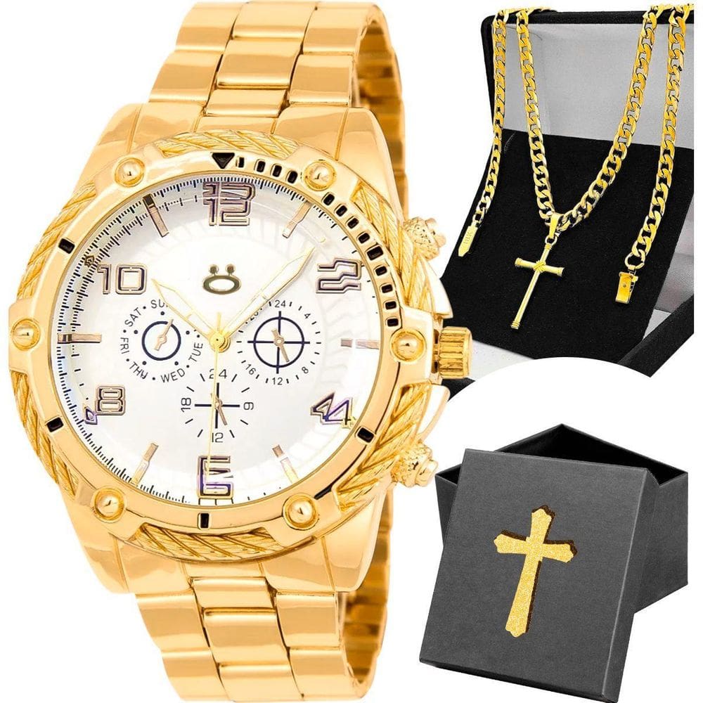 Cordao Crucifixo Grumet + Relogio Masculino Dourado Social