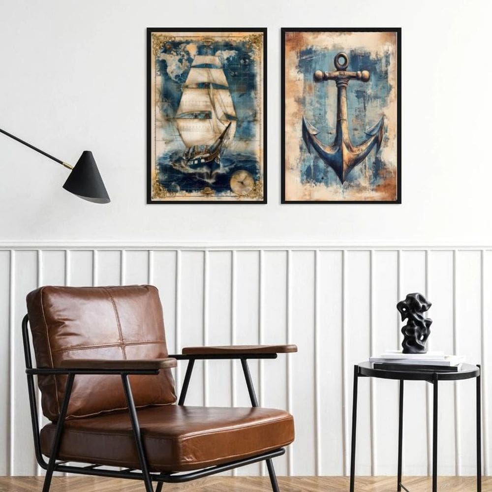 Kit 2 Quadros Arte Nautica - Barco E Âncora 24X18Cm