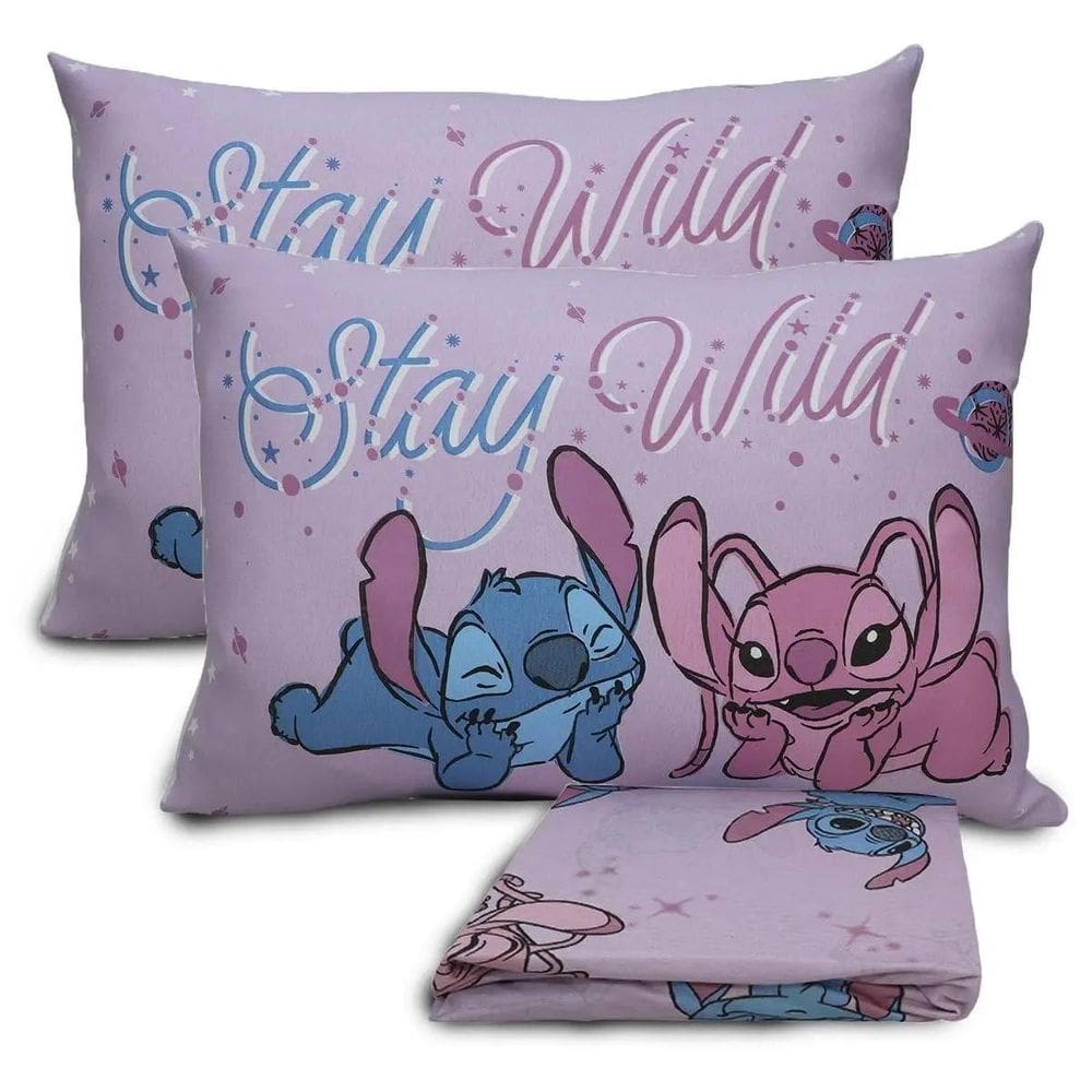 Jogo Cama Casal Stitch Angel Love 3 Pçs Com Elástico Algodão