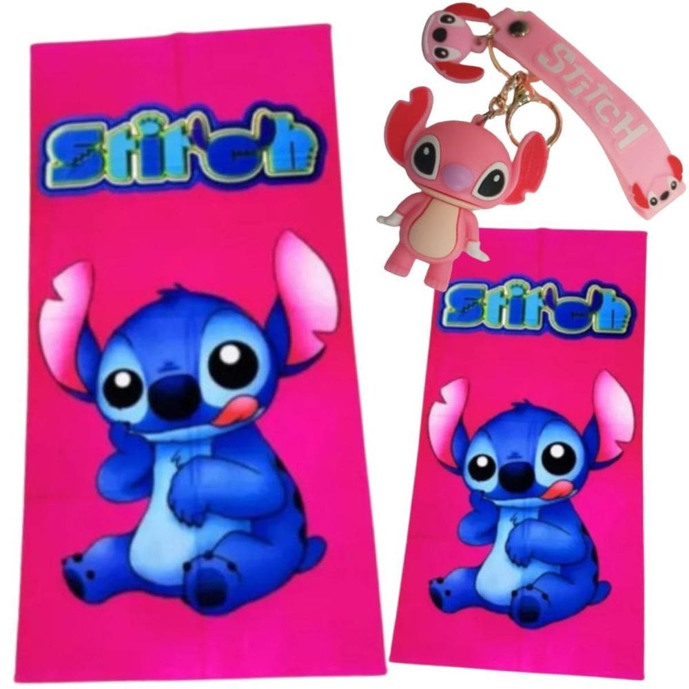 Jogo Toalha Com Chaveiro 3D Stitch1 Rosa