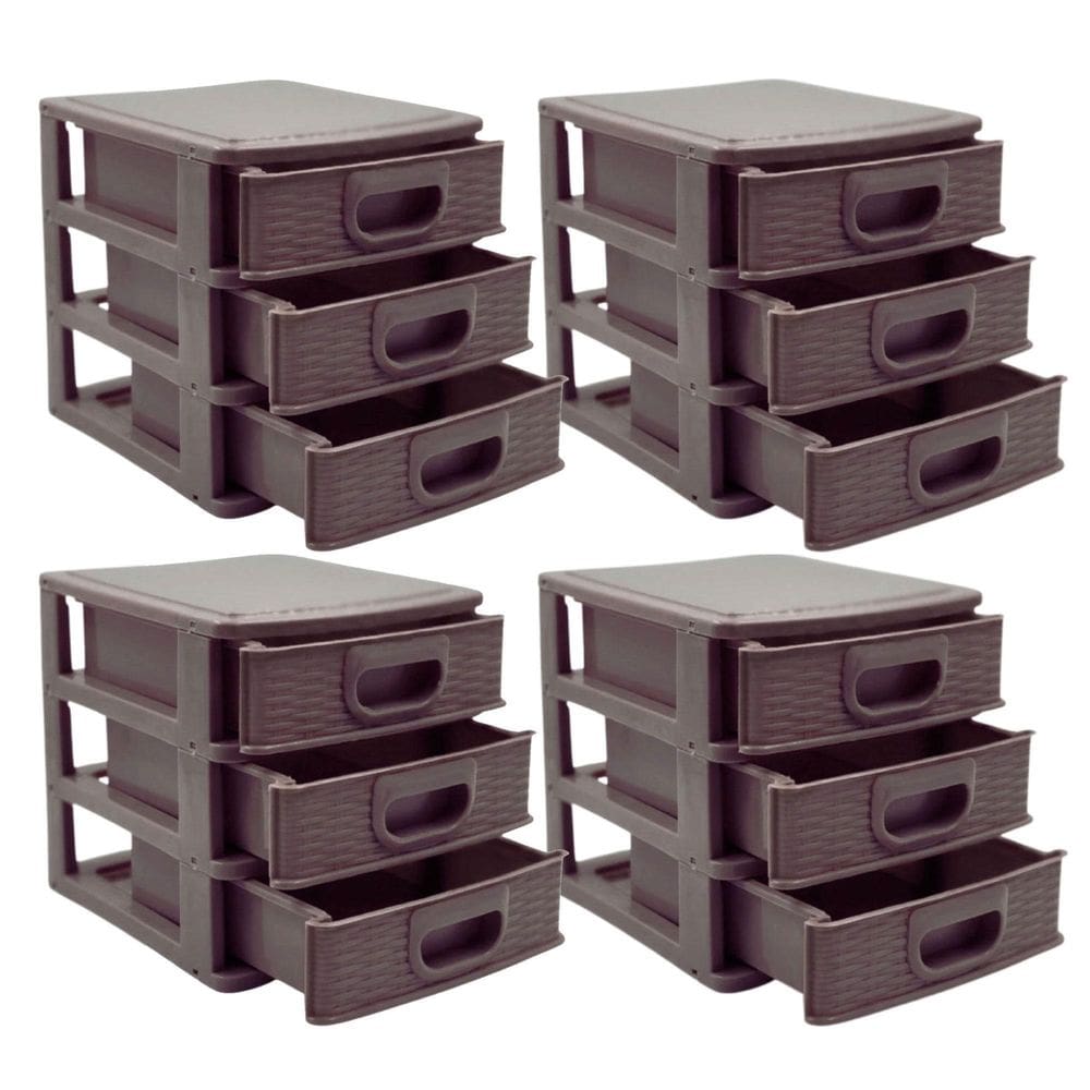 Kit 4 Gaveteiro Organizador De Mesa 3 Gavetas Textura Marrom