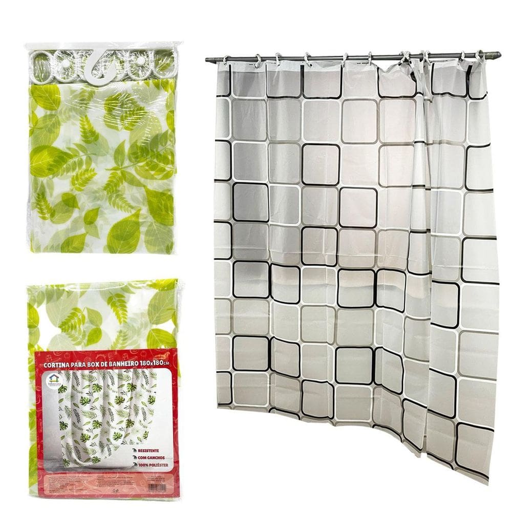 Cortina Box Banheiro Poliéster Com Ganchos 180Cmx180Cm