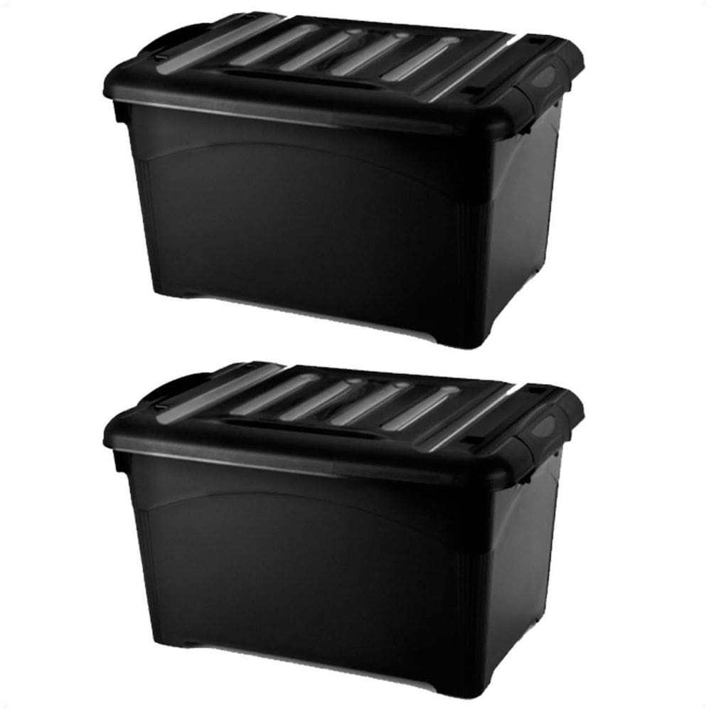 2 Caixas Organizadoras 25 Litros Preta Com Travas E Rodinhas