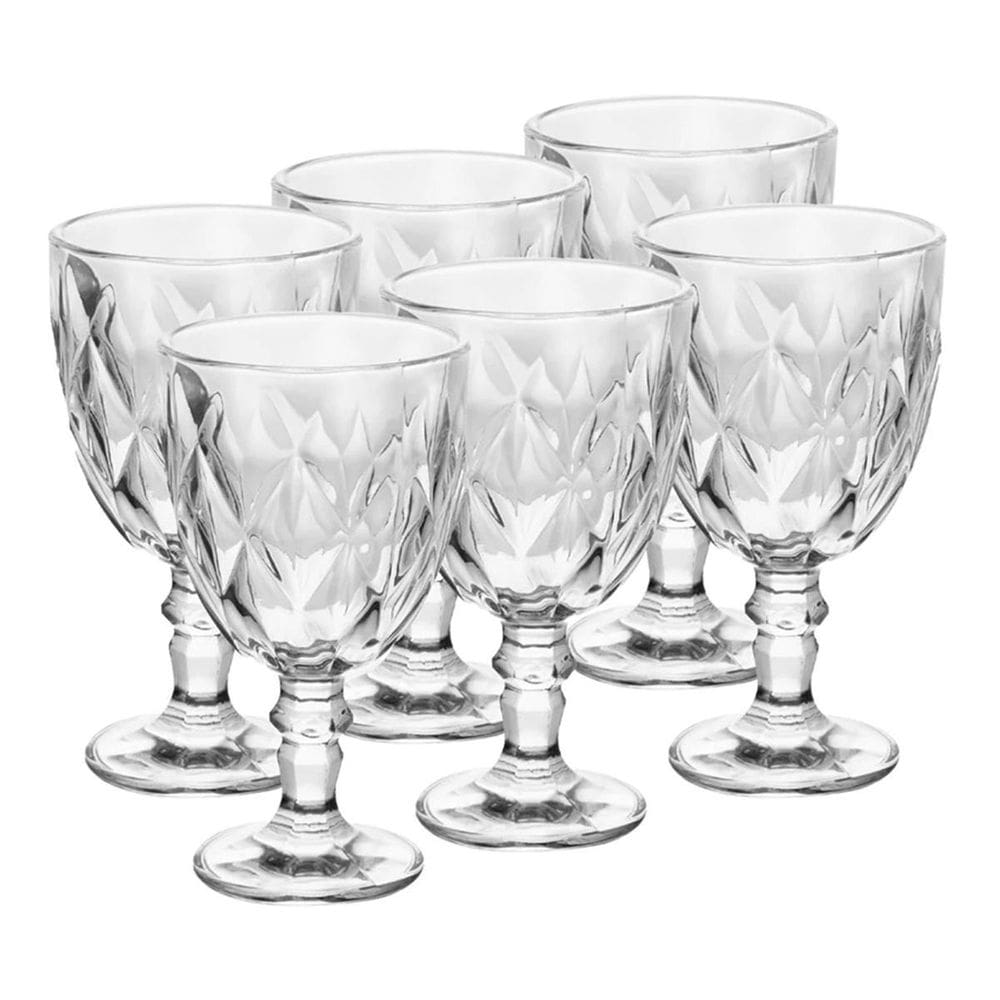 Jogo 6 Taças De Vidro Diamond Vinho Suco Agua 300Ml