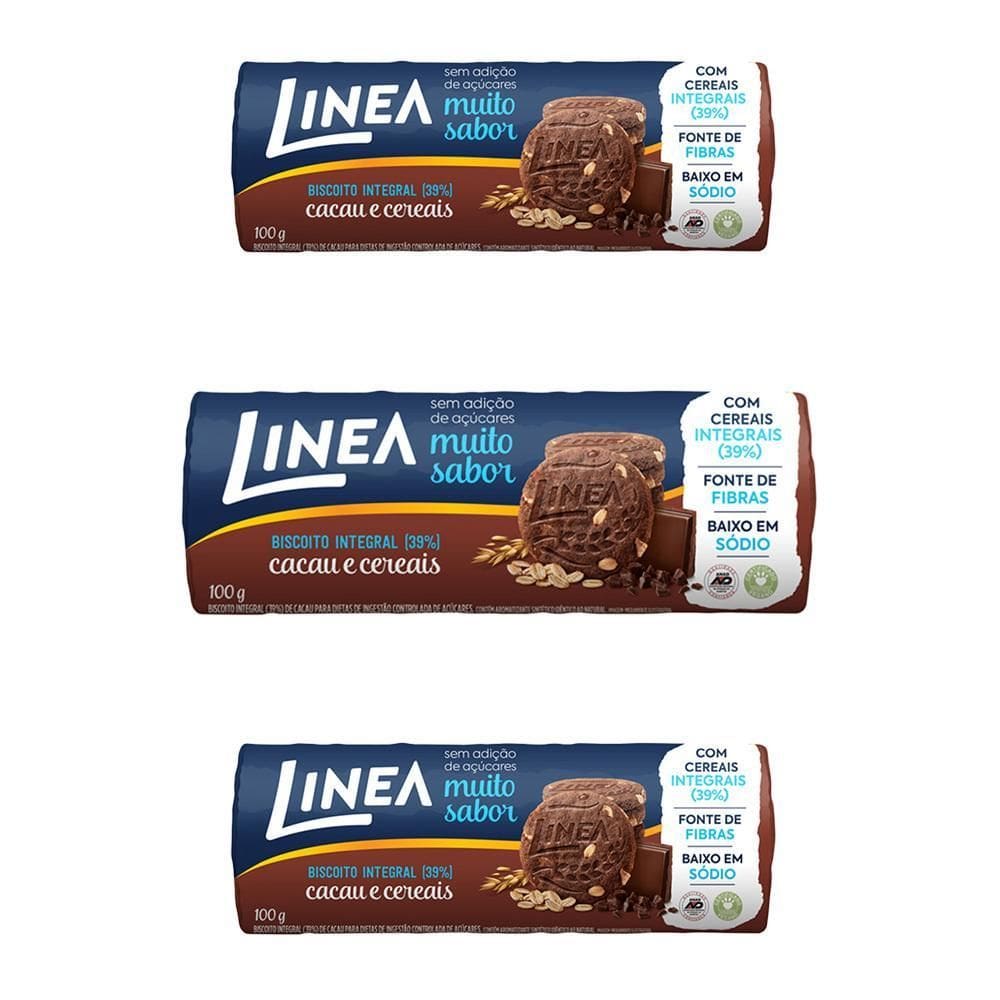 Biscoito Integral Linea Cacau E Cereais Kit 3 Pacotes 120G