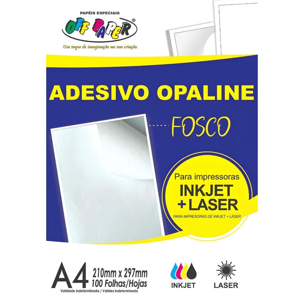 Papel Adesivo Opaline Fosco A4 100F Off Paper Inkjet + Laser