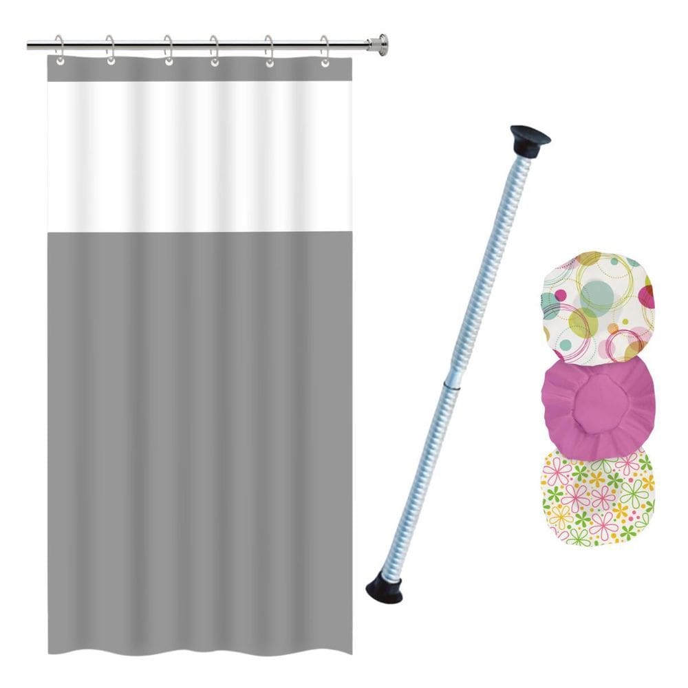 Kit Cortina Box Banheiro + Varão De Cortina + 3 Toucas