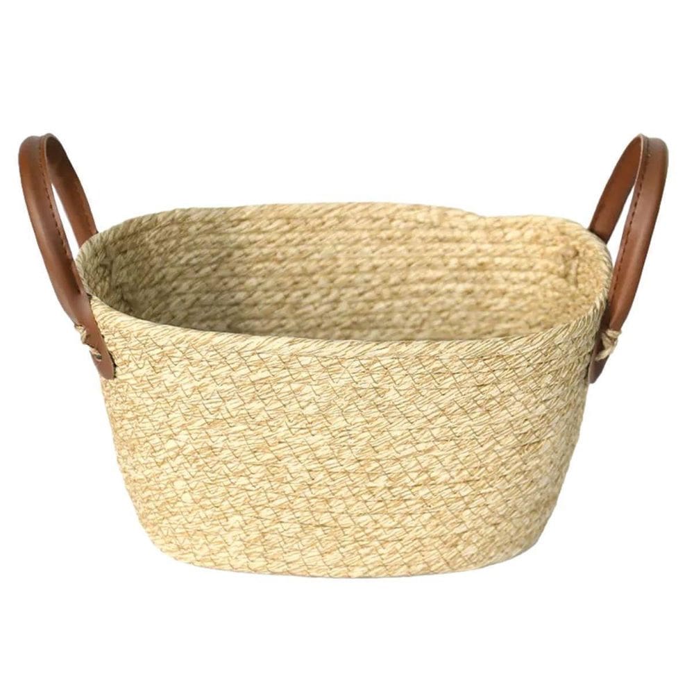 Cesto De Fibra Natural C/Alça De Couro 25X16 Cor Natural