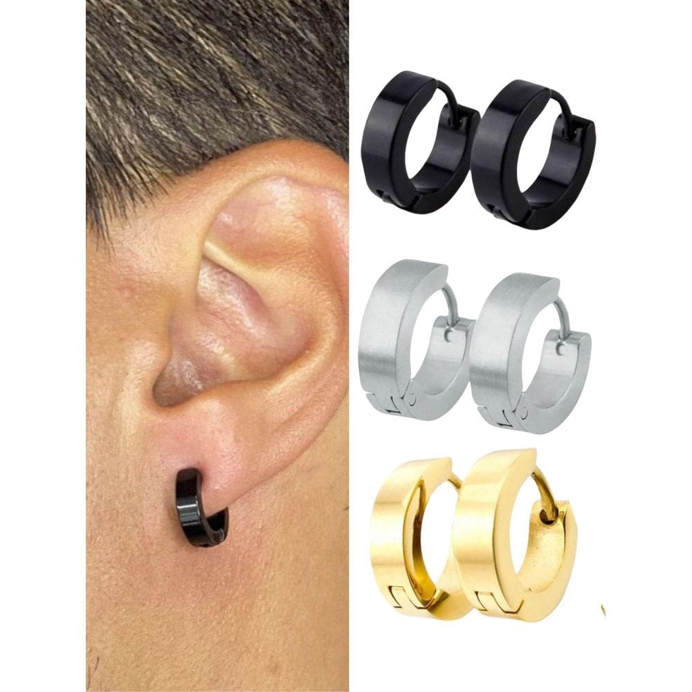 Kit 3 Brinco Argola Lisa 10Mm Unissex Preto Prata Dourado