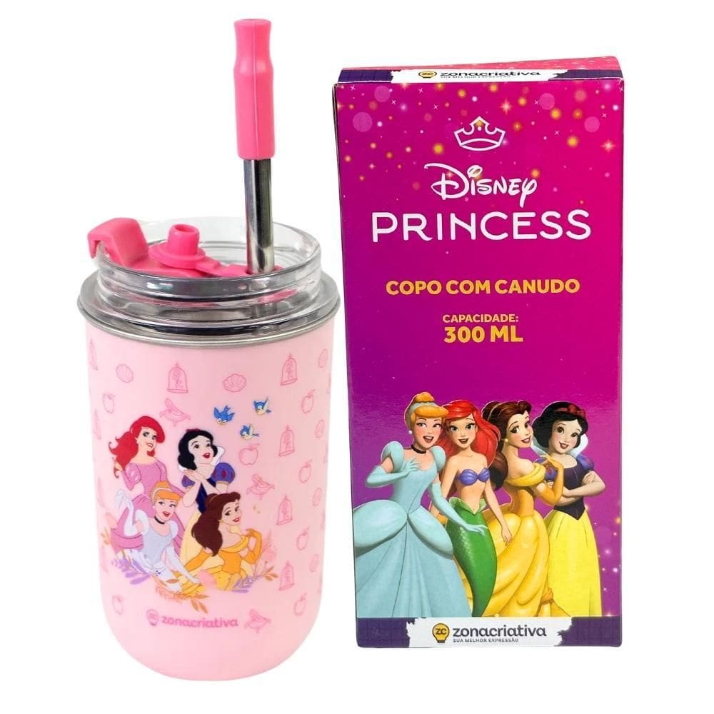 Copo Inox Canudo E Tampa 300Ml Princesas Disney - Zc