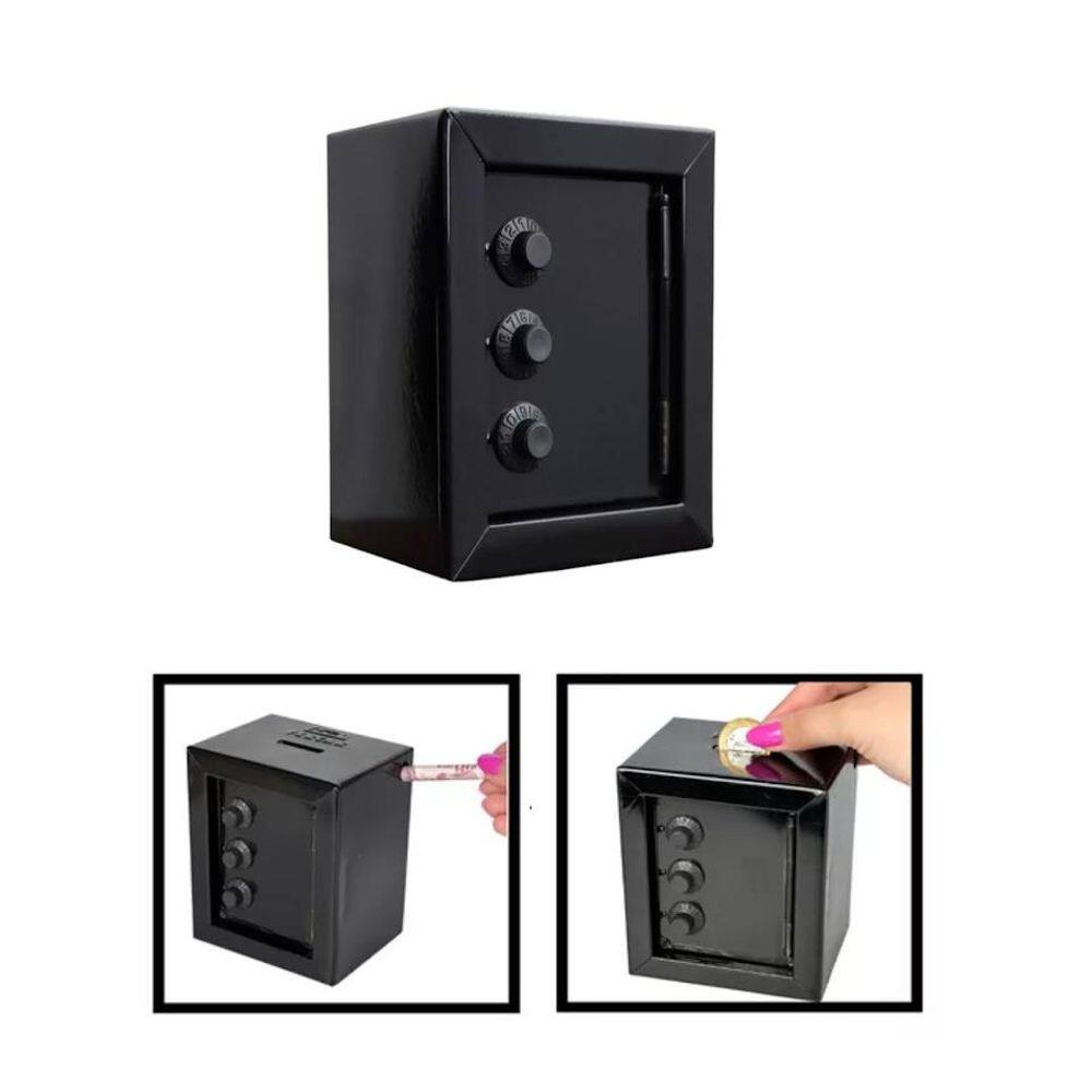 Mini Cofre Cofrinho Reforçado Aço Segredo Notas Moedas Preto