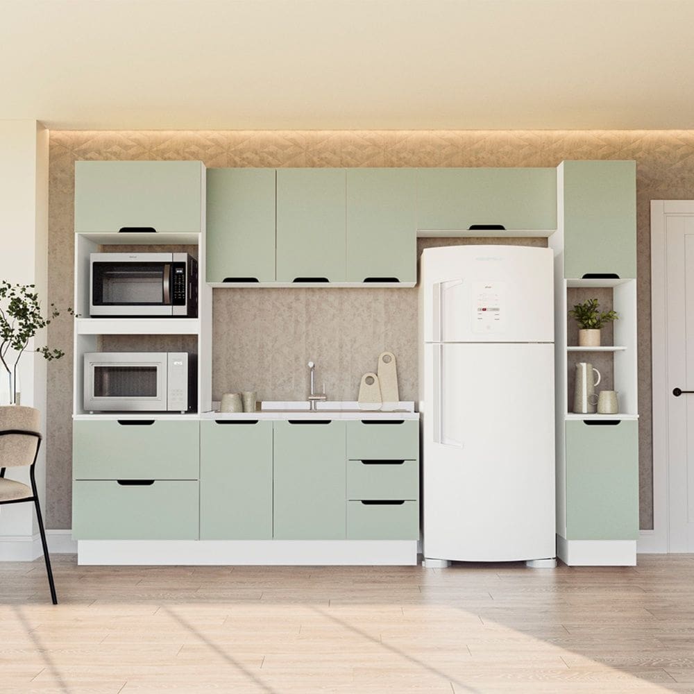 Cozinha Compacta 250062 5 Peças Meena Com Rodapé Branco Verde Oliva Politorno Móveis