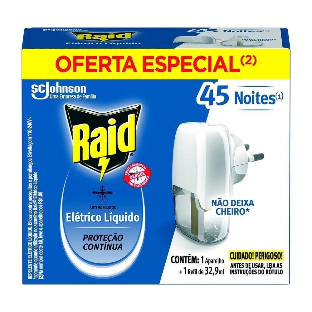 Repelente Elétrico Raid 45 Noites Aparelho + Refil Líquido 32,9ml