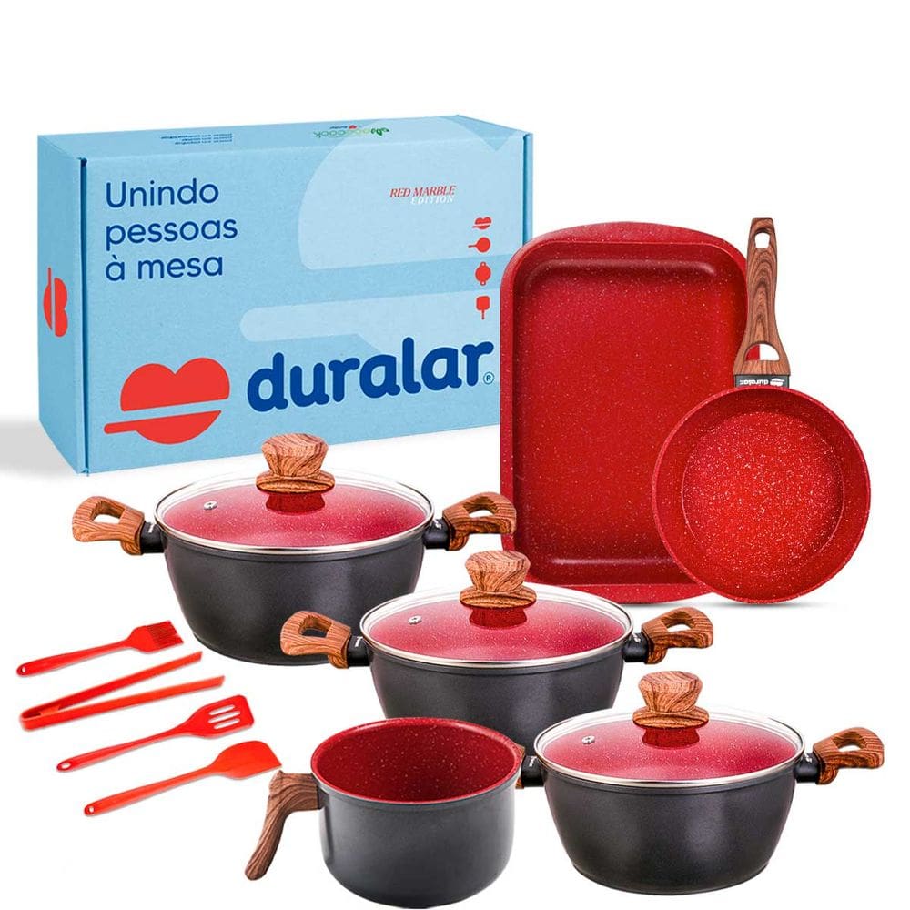 Jogo Panelas 10 Peças Utensílios Silicone Vermelho Duralar