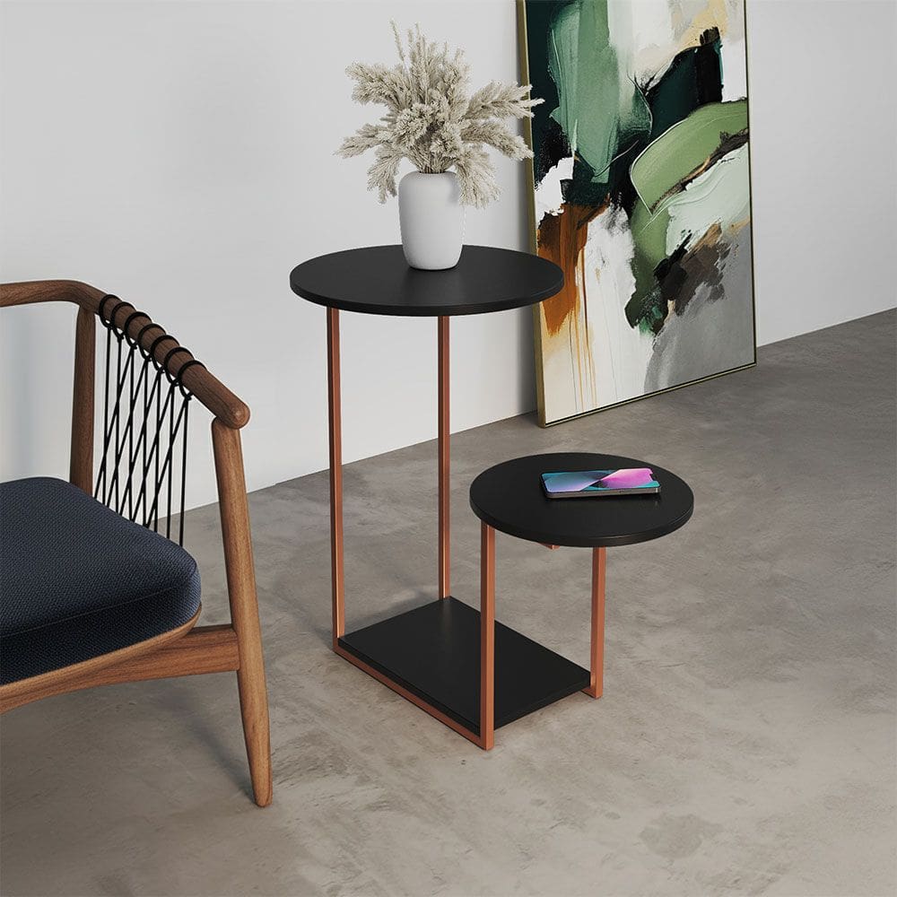 Mesal Lateral Cibele Tampo Redondo Ferro Cobre Tampo Preto