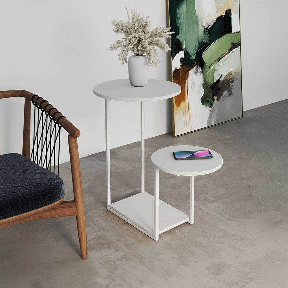 Mesa de Apoio Ferro Branco Tampo Redondo Branco Cibele