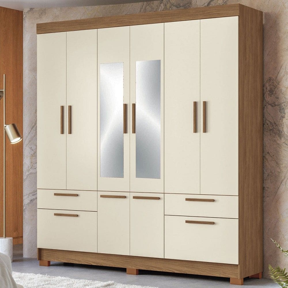 Guarda-Roupa Casal Marilena 6 Portas 9 Gavetas Jatoba/Areia com Espelho - Pnr Móveis