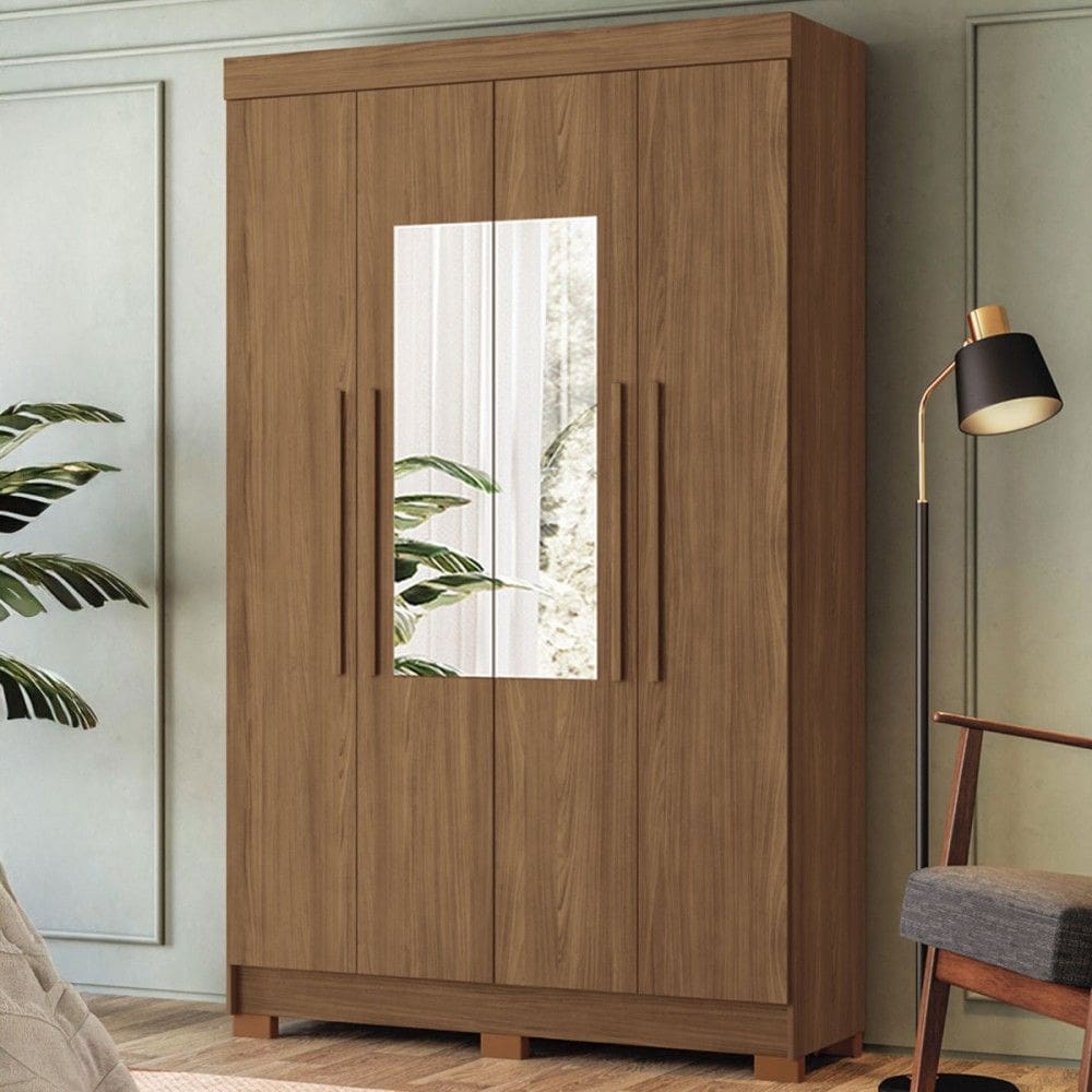 Guarda-Roupa Solteiro Iporá 4 Portas 2 Gavetas Jatoba com Espelho - Pnr Móveis