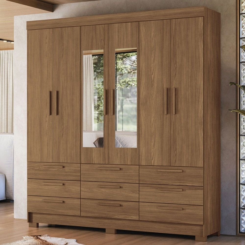 Guarda-Roupa Casal Marilena 6 Portas 9 Gavetas Jatoba com Espelho - Pnr Móveis