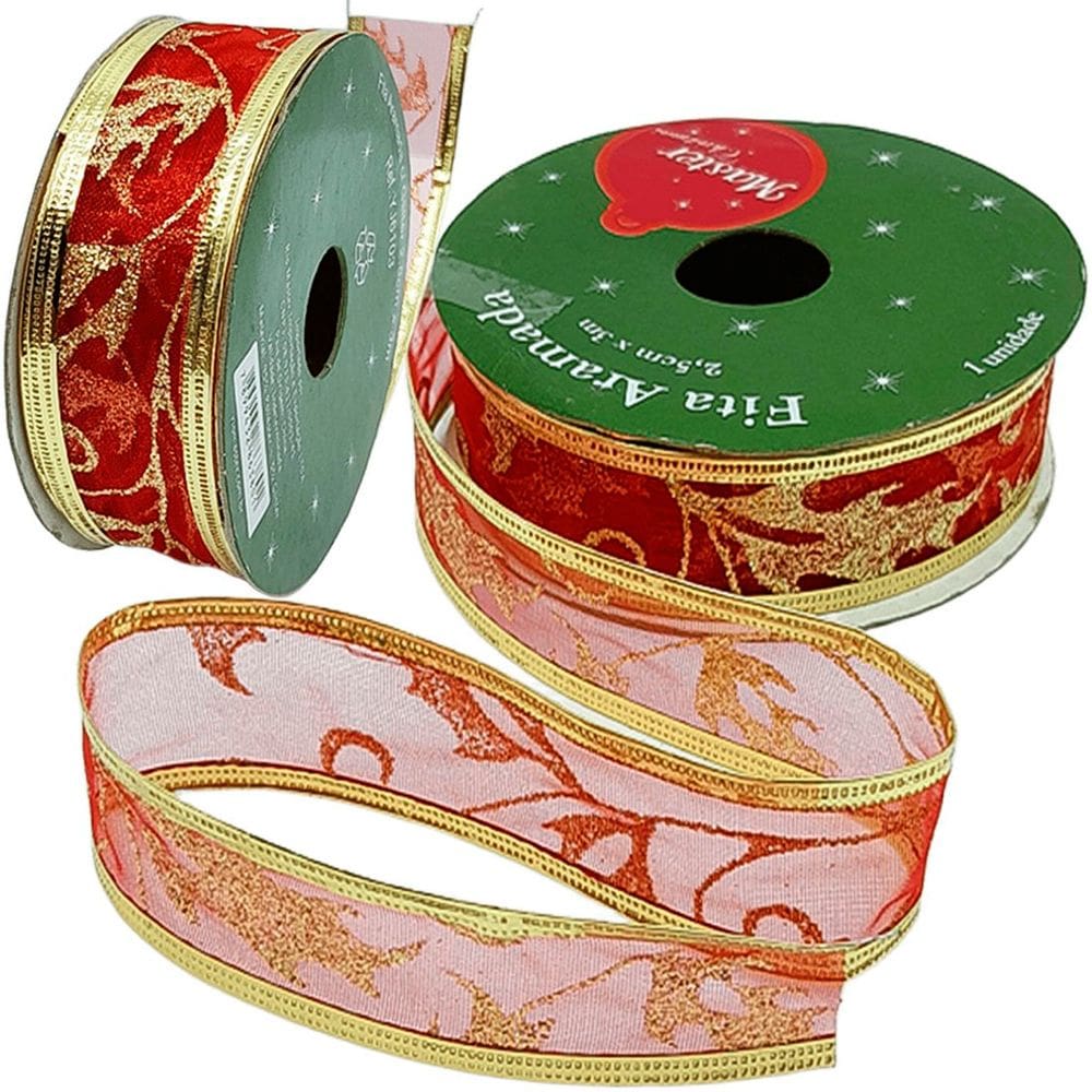 Rolos Fitas Aramada Ramos Natalino Gliter 2,5cm 3m Kit 10pçs