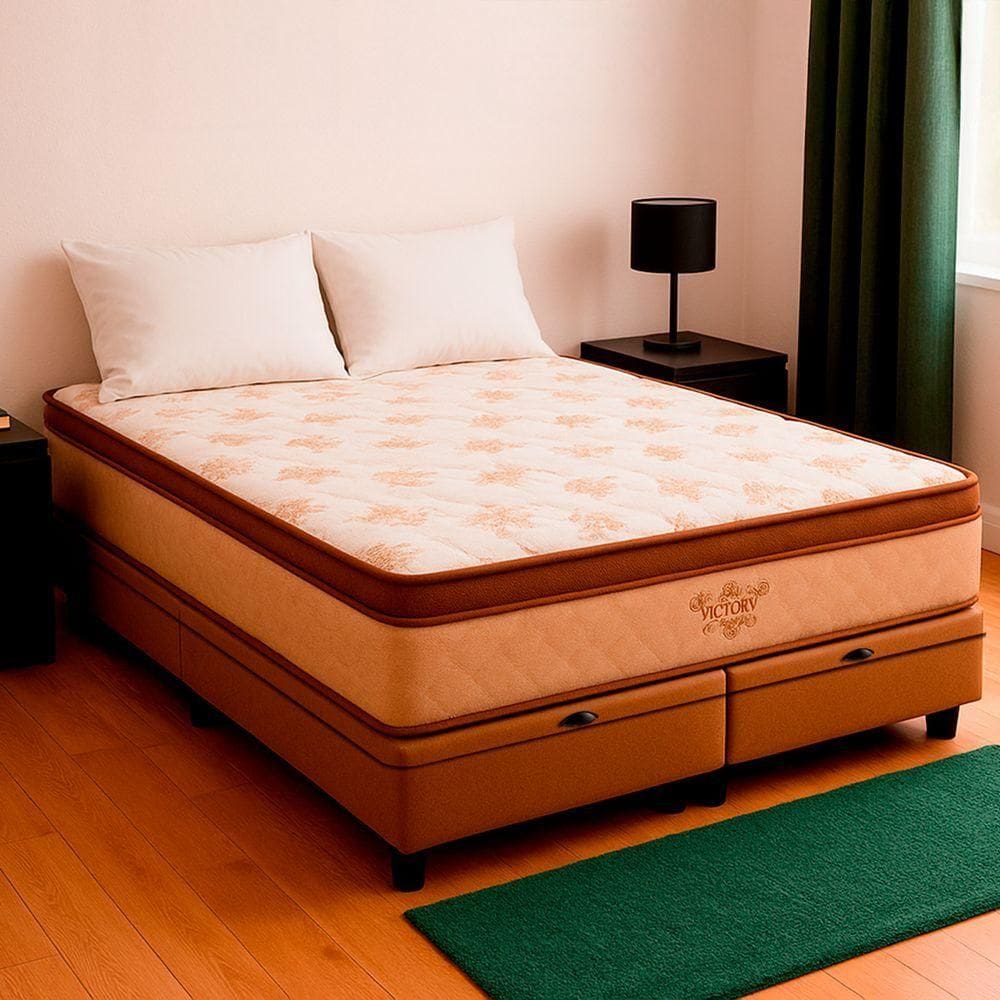 Cama Box Baú Queen E Colchão Victory Molas V-store Bege