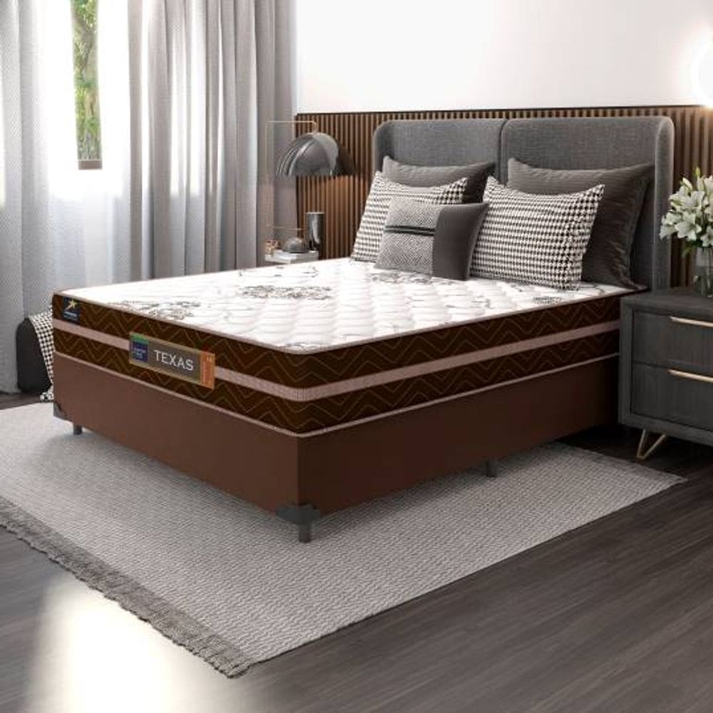 Conjunto Kit Cama Box Sintetico Casal com Colchão Texas Mola Ensacada Marrom 138x188